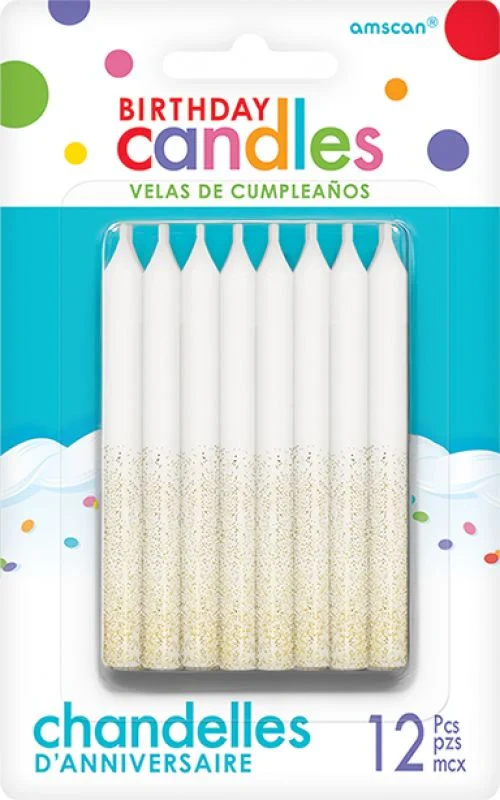 Candles White & Gold Glitter Dip 8cm - Pack of (12)