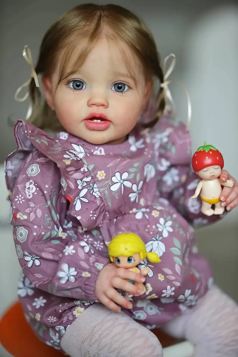 24 inch 60 cm Reborn Baby Girl Dolls, Soft Touch Body Hand Rooted Blond Curly Hair Painted 3D Skin Newborn Doll Toy, Christmas Birthday Gifts Easter Gift