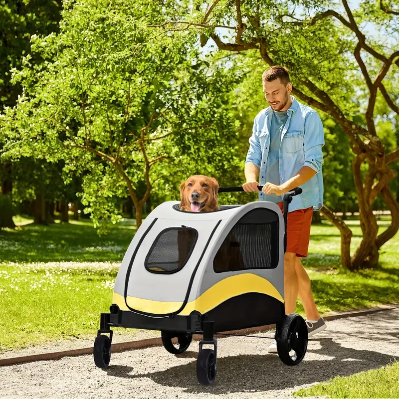 4 Wheels Pet Travel Stroller:Foldable Dog Jogger Wagon Stroller Zipper Divider Outdoor Travel Stroller Breathable Large Dog Pushchair Cat And Dog Trolley With 78cm Entry Door Load Up To 45kg
