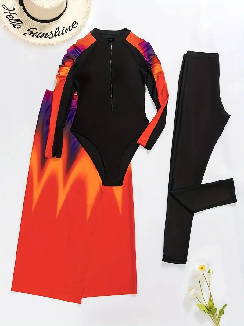 Women's 3-Piece Swimwear Set with Long Sleeve Flame-Print One-Piece, Side-Tie Cover-Up & Zippered Neckline  Chic Beach Ensemble