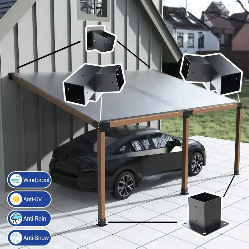 6pcs Black Powder-Coated Pergola Bracket Kit - 15 Slanted Roof, Wall Mount Design for Porch & Gazebo, Durable Metal Outdoor Furniture Hardware with Adjustable Louvered Roof