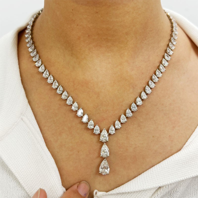 Solid 14K White Gold Pear Cut Full Eternity Necklace (43ctw) & Earrings (9.2ctw)