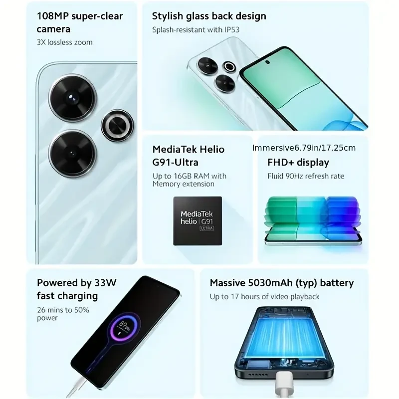 Global Version for Xiaomi Redmi 13 Smartphone 108MP super clear camera MediaTek Helio G91 Ultra 33W fast charging 5030mAh battery