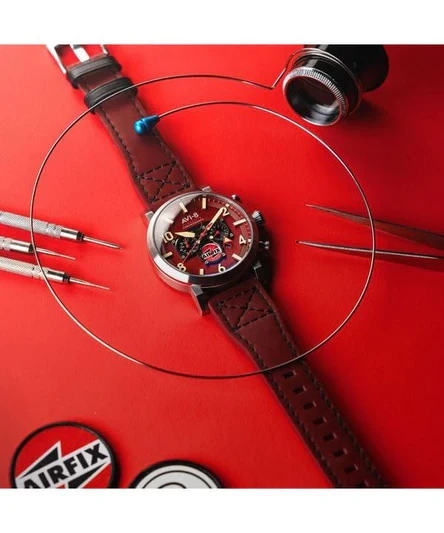 AVI-8 Dambuster Gibson Dual Time Chronograph Airfix Edition Hazard Red Dial Quartz AV-4107-04 Men's Watch