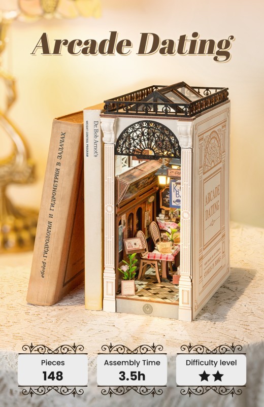 ROBOTIME DIY Book Nook Kit - Arcade Dating Scene With Dust Cover, 3D Wooden Miniature Dollhouse Puzzle, Creative Bookend Bookshelf Decor, Unique Gift For Adults