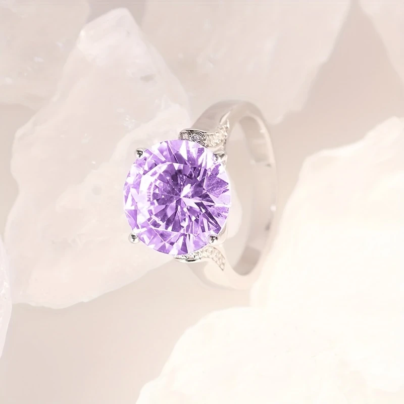 Sterling Silver Halo Support Purple Crystal 0.5 Carat Ring for Women Light Luxury, High-End Design, Perfect for Daily Wear, Parties, and Vacations