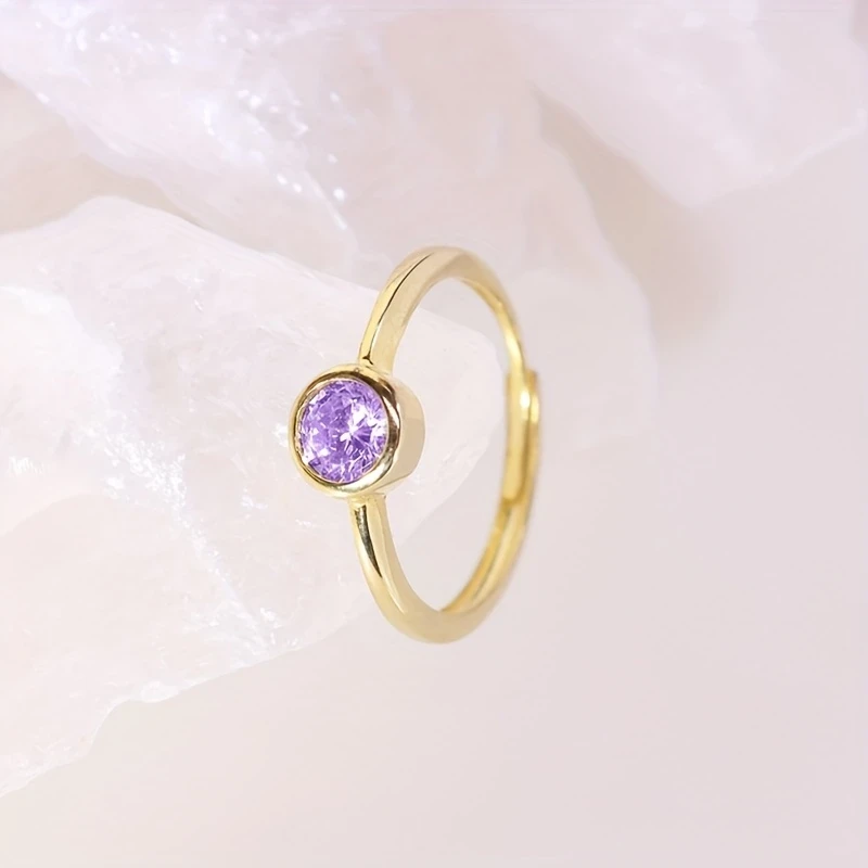 Golden Light Reflecting Amethyst Small Round Amethyst Mystery Light Halo S925 Silver 0.1 Carat Adjustable Opening Ring for Women Light Luxury, High-End Design, Perfect for Daily Wear and Special Occasions