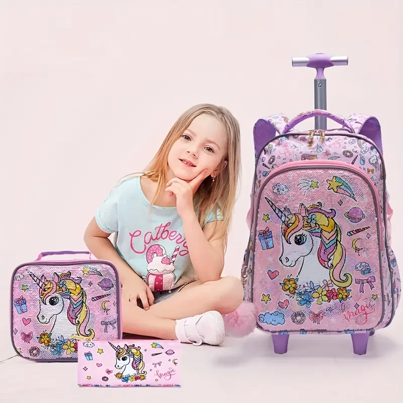 3pcs set Rolling Backpack for Girls Kids Wheeled School BookBag