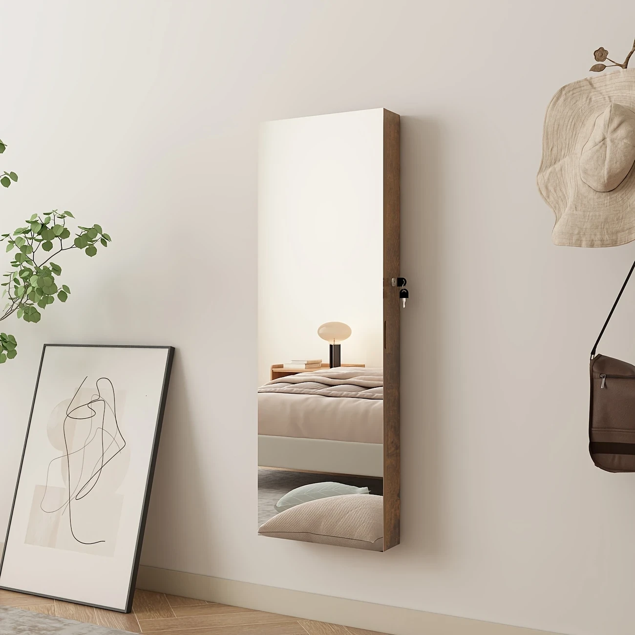 High-Wall Mirror Jewelry Cabinet with Black Frame