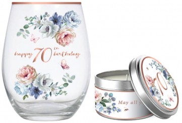70TH DANCING ROSES STEMLESS GLASS 520ML & CANDLE GIF