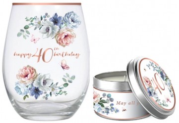 40TH DANCING ROSES STEMLESS GLASS 520ML & CANDLE GIF