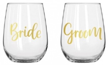 BRIDE GROOM STEMLESS WINE GLASS SET 430ML