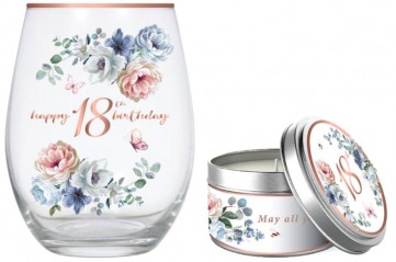 **18TH DANCING ROSES STEMLESS GLASS 520ML & CANDLE GIF